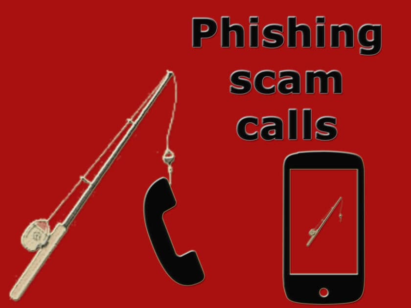 phishing scam calls banner. a yellow fishing pole with a black phone on the end. with Black text reading phishing scam calls above a cell phone shape with a fishing pole on the screen.