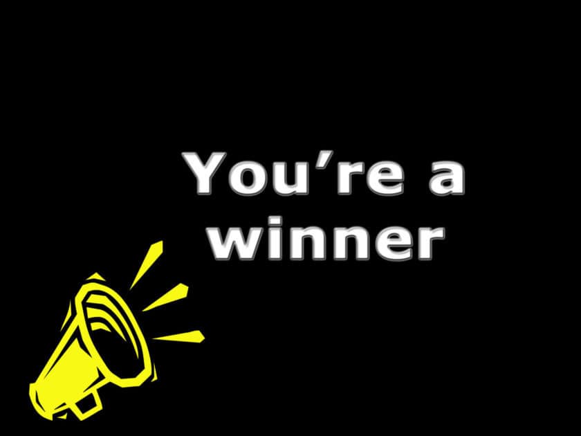 You're a winner banner. White text You're a winner on a black background with a yellow megaphone in the left hand corner.
