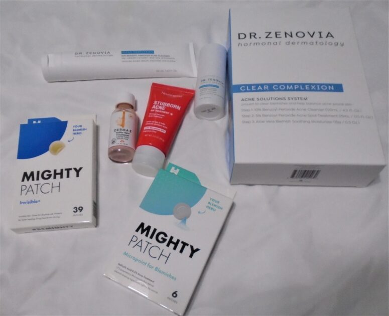 Acne products. Dr. Zenovia, Neutrogena, hero mighty patches.