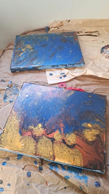 paint poured canvases. metallic artist's loft paints. blue metallic deco art paint.