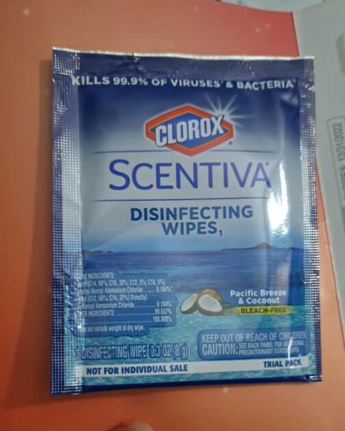 clorox scentiva disinfecting wipes wipe sample. pacific breeze and coconut scent.