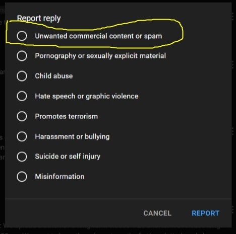report unwanted commerical content or spam highlighted with a yellow box.