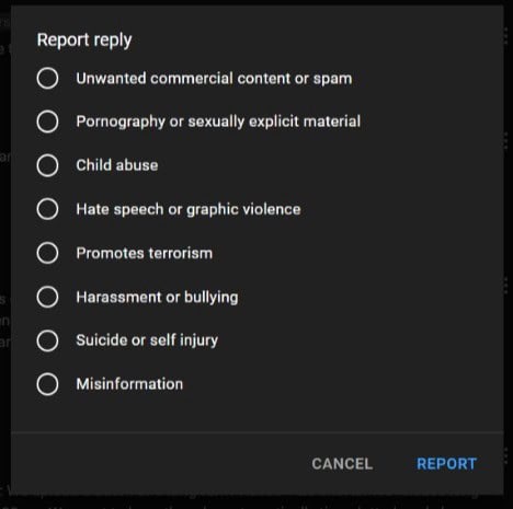 YouTube report reply list.