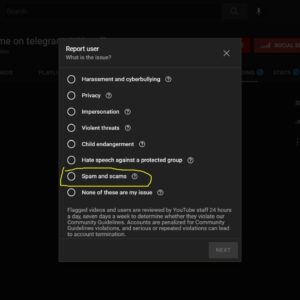 spam and scam highlighted in report user list on YouTube.