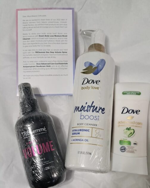 allure beauty enthusiasts note care with a Tresemme product and two Dove products.