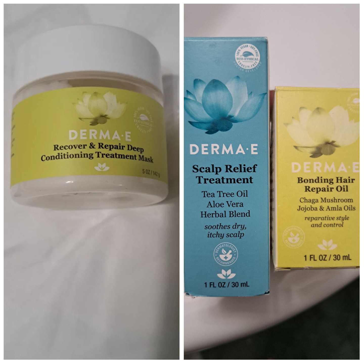 Derma-e recover & repair deep conditioning treatmeent mask. Scape relief treatment and bonding hair repair oil boxes.