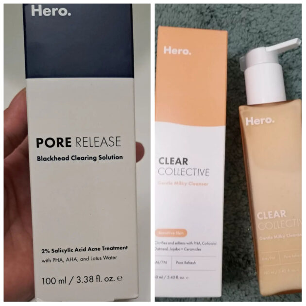 Hero pore release blackhead clearing solution box. Hero clear collection gentle milky cleanser box with the bottle.