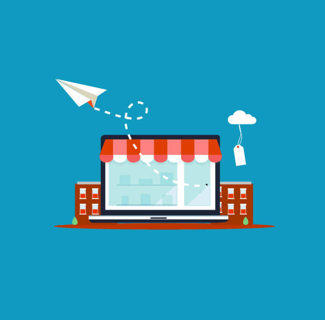 illustration of a laptop with a storefront around it. including a cloud with a price tag and a paper airplane moving away from the screen. E-commerce store image. Image source Pixabay dot com.