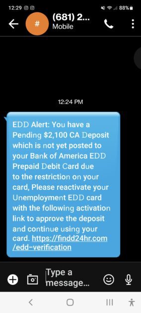 Scam Text claiming to be EDD. 