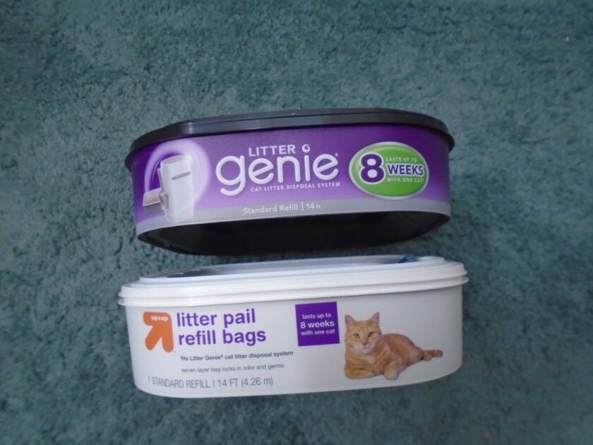 Litter genie and up and up litter pail refills containers.