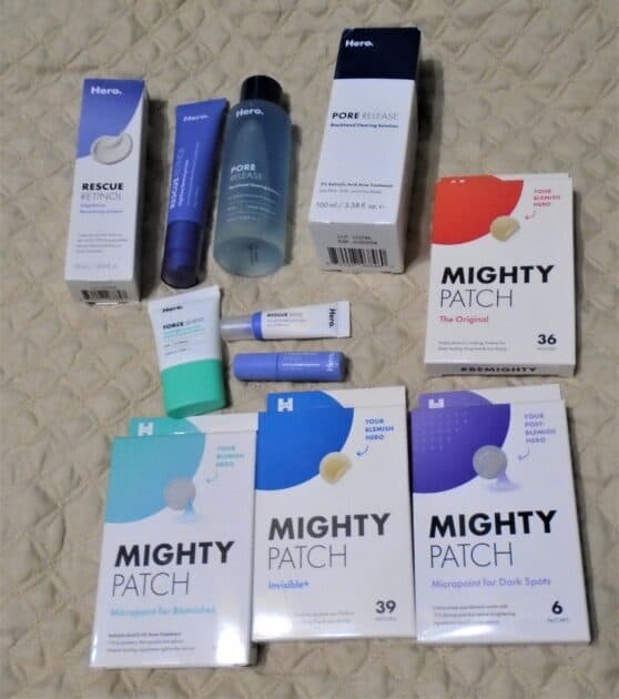 Hero cosmetics products. a mix of skincare and mighty pimple patches.