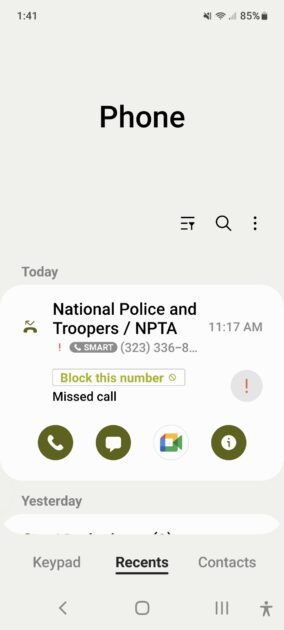 scam call screenshot. the call was listed as national police and troopers/ NPTA.