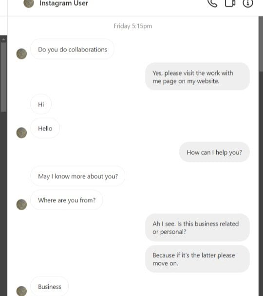 a very random chat I had via Instagram Direct message with someone trying to sell me a gold chain.