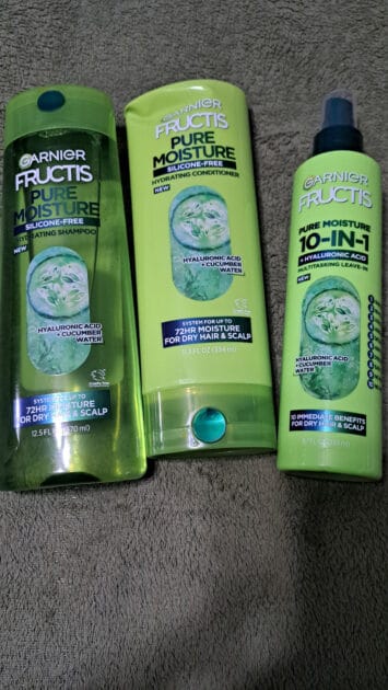 Garnier Fructis pure moisture products. Shampoo (right0 conditioner (middle) 10 in 1 spray (left)