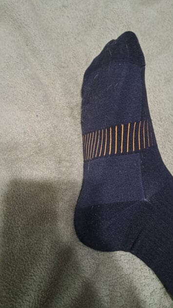 Bottom of the copper fit sock. bottom includes reinforced toe and heel as well as padding around the sole and foot arch.