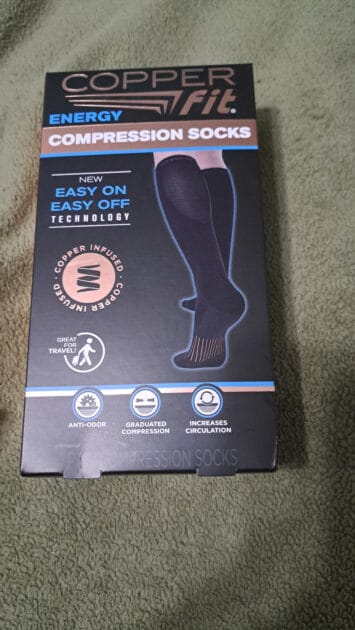 Front of copper fit compression sock box. box has an image of the socks and other product info.