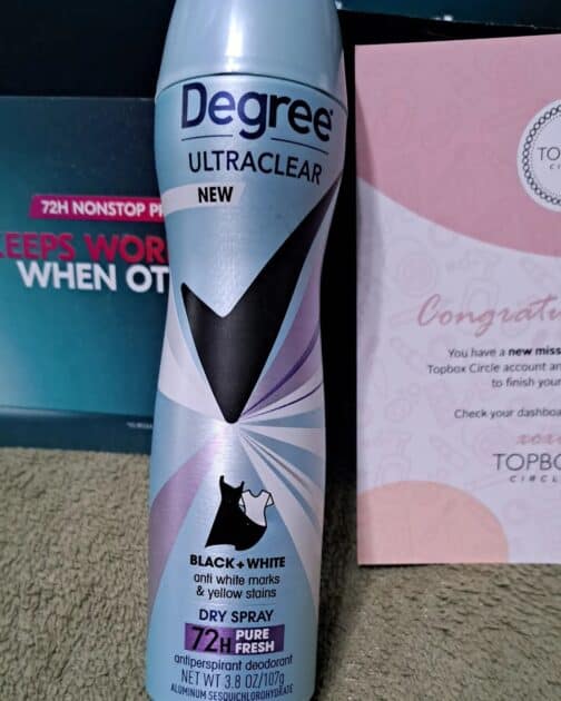 degree ultra clear dry spray deodorant with info cards.