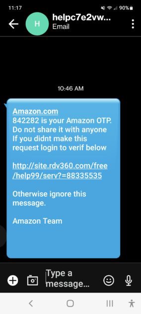 Fake Amazon OTP scam text message.