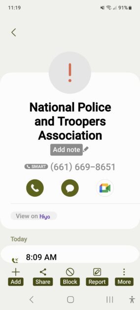 National Polie and Troopers Association 661-669-8651 phone screenshot.