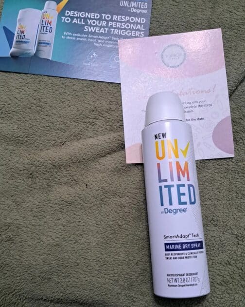 degree unlimited spray deodorant bottle with topbox card and info card