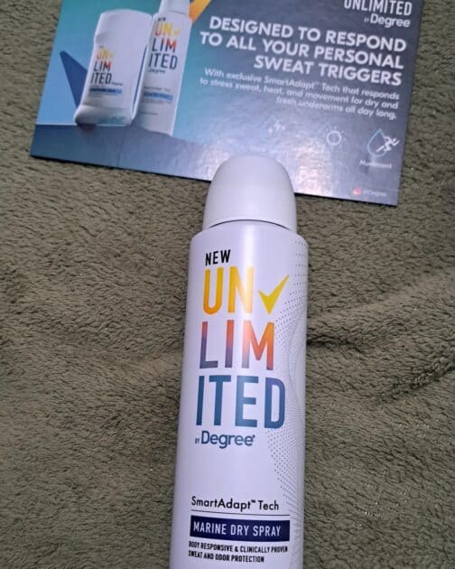 Degree unlimited dry spray bottle with info card.