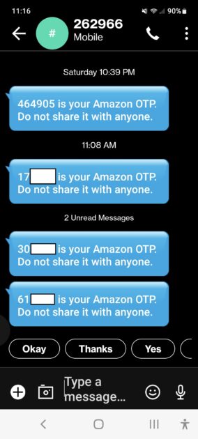 edited example of Amazon OTP text.