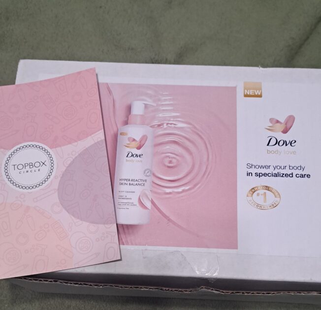 Top Box Cirlce note care with Dove body love product box.