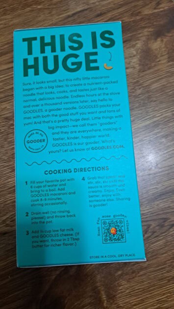 Goodles back of the box with cooking directions.