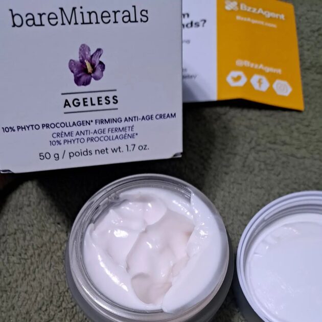 bareMinerals AGELESS 10% PHYTO PROCOLLAGEN FIRMING ANTI-AGE CREAM box, jar and bzzagent info card. Jar lid removed.