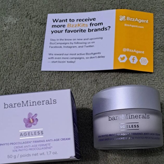 bareMinerals AGELESS 10% PHYTO PROCOLLAGEN FIRMING ANTI-AGE CREAM box, jar and bzzagent info card.