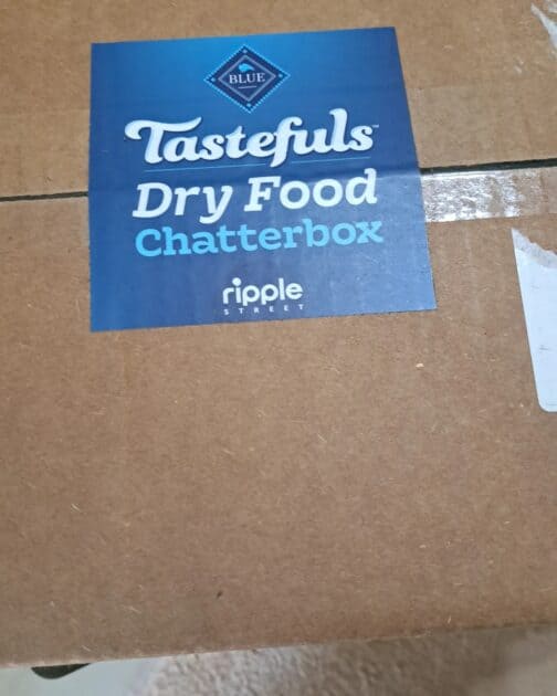 Blue buffalo Tastefuls sticker Dry food chat pack box sticker from ripple street on a plain borwn box.