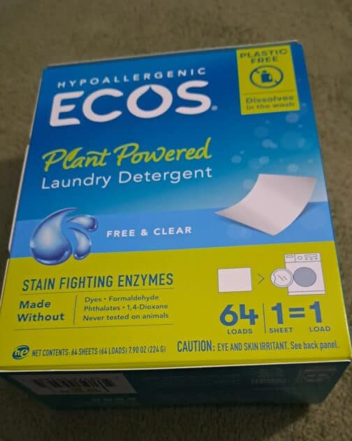 ecos plant powered laundry detergent sheets box.