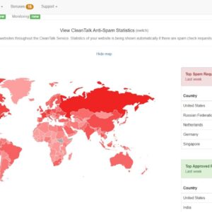 Clean Talk spam map red and list of countries where the spam originated.