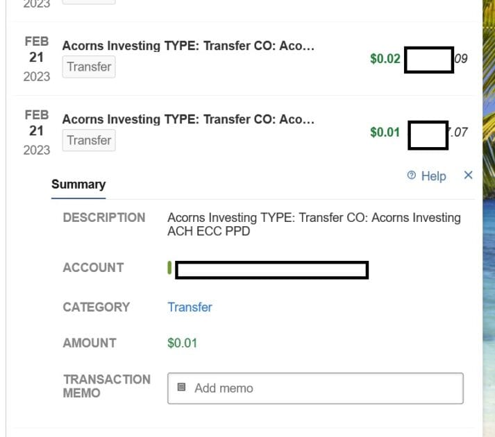 acorns investing ach payment of 0.01 cent.