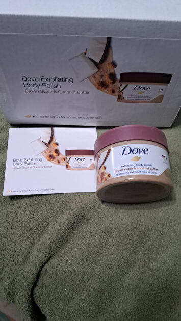 Dove exfoliating body polish brown sugar & coconut butter. with info card and box.