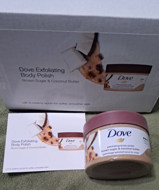 Dove exfoliating body polish brown sugar & coconut butter. with info card and box.