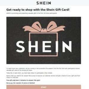 Fake Shein giveaway page you are sent to when you click the link in the tagger's stories. the giveaway is in Candian dollars.