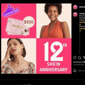 Charlietaylors2045050 Instagram tag. The profile tagged my nessa6297 profile and 9 other profiles. claiming we had won $500 gift card to the brand Shein.