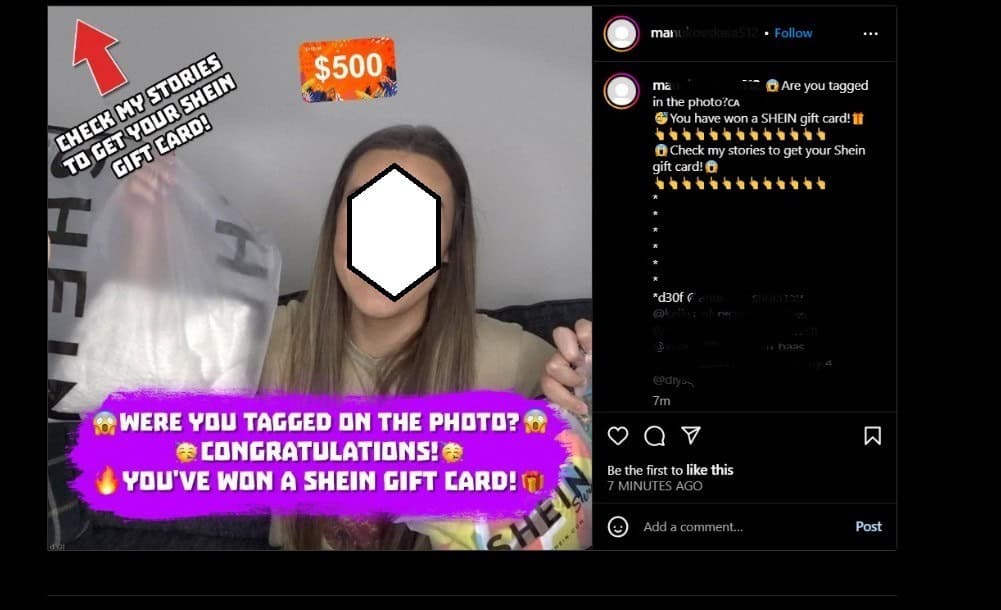 A fake shein giveaway scam. This scam is tagging users on Instagram. the photo was edietied to remove Instagram hadles as well as to cover the woman face in the photo.