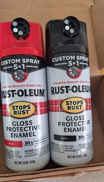 rust-oleum 5 in 1 spray paints. Gloss enamel finish. Red (left) black (right) full image of spray wheel.