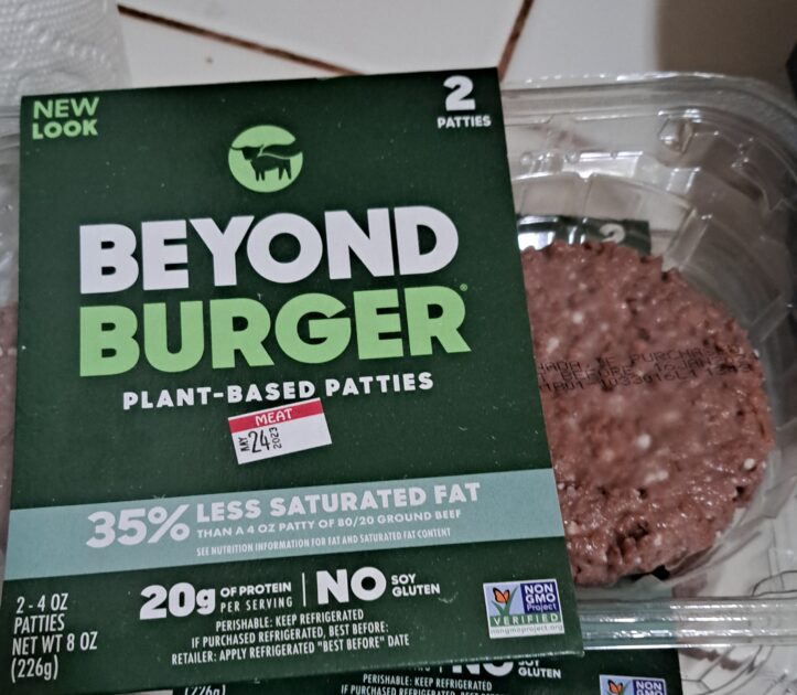 Beyond meat burger plant basted patties container. 2 count patties.