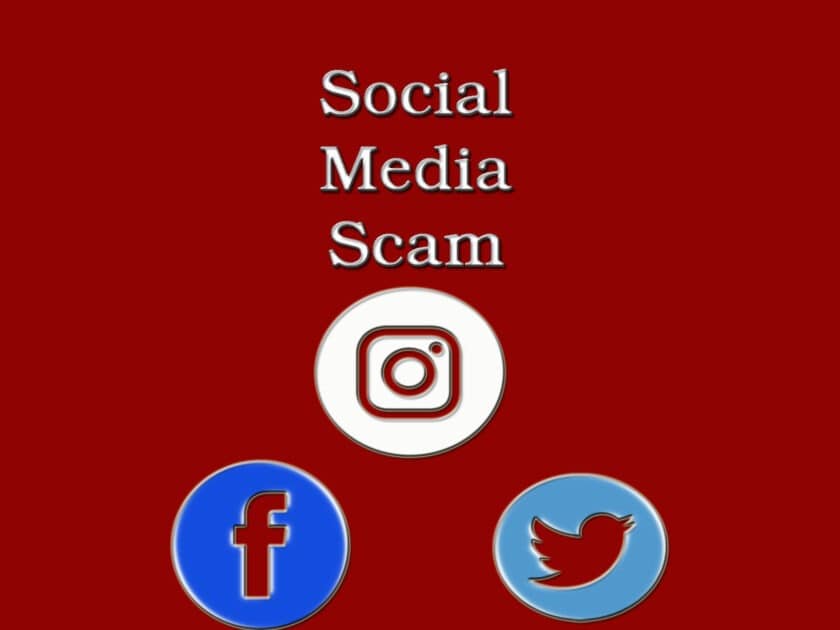 Social media scam banner. red banner with instagram, facebook and twitter icons below Social Media Scam text.
