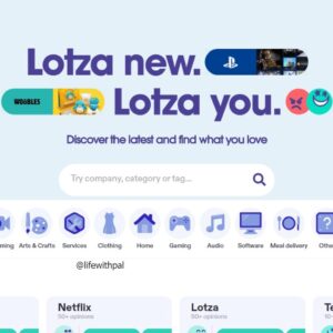 lotza.io hoe page desktop view. category navigation.