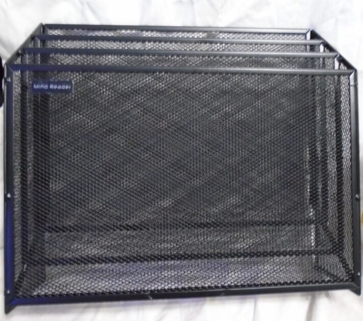 Mind Reader 3 teir organzier. a mesh metal organizer with three wide sleeves.