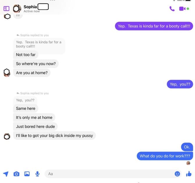 Possible scam or sex worker chatting with my (v's) friend B.