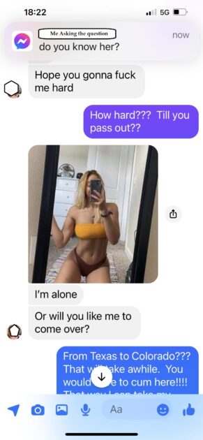 Possible scam or sex worker chatting with my (v's) friend B. slide 4. includes image of unknown woman.