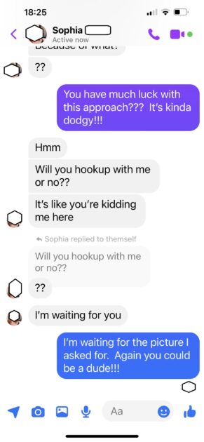 Possible scam or sex worker chatting with my (v's) friend B. side 6.