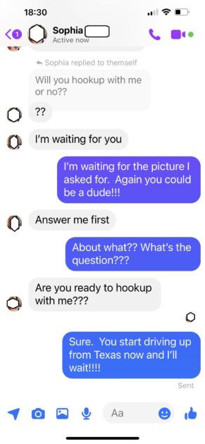 Possible scam or sex worker chatting with my (v's) friend B. slide 7.