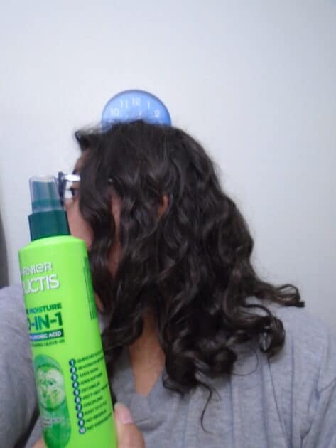 Garnier 10 in 1 treatment spray on my hair (day after) use. with heat styling. regular lighting.