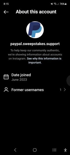 fake paypal Instagram profile. papal.sweepstakes.support.